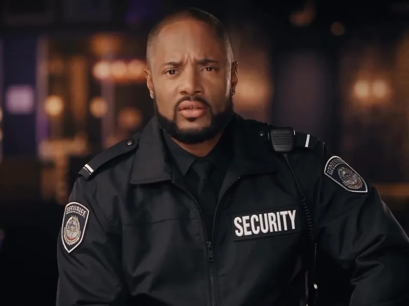 A security guard in a black uniform talks to camera